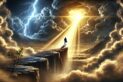 A person on a cliff during a storm, illuminated by a beam of divine light, symbolizing God's strength helping them overcome challenges.