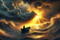 A widescreen image of a sunset over stormy waters with a woman in a boat, symbolizing peace and resilience amidst hardship.