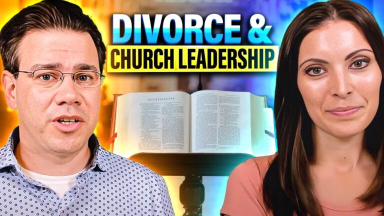"Man and woman with an open Bible on a lectern, representing the theme of divorce and church leadership."